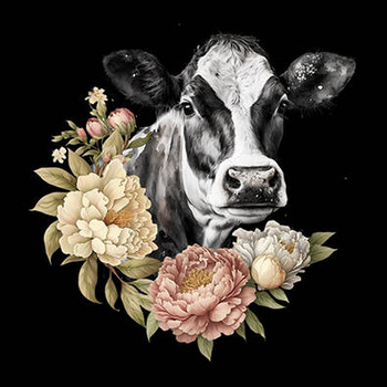 Panel czarno biała krowa i kwiaty wf27