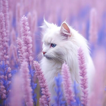 Panel biały kot wśród różowych traw wk199