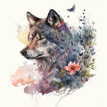 Panel wilk i kwiaty akwarela wf13