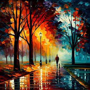 Panel jesienna alejka, spacer z psem, obraz