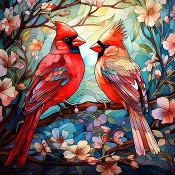 Panel świąteczny, ptaki para czerwonych kardynałów, witraż