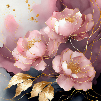 Panel kwiaty piwonie malowane złotem wr218