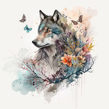 Panel wilk i kwiaty akwarela wf16