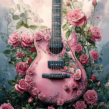 Panel kolory muzyki, różowa gitara i róże wmz28