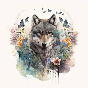 Panel wilk i kwiaty akwarela wf19