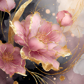 Panel kwiaty piwonie malowane złotem wr216