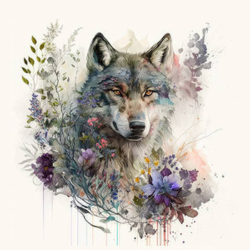 Panel wilk i kwiaty akwarela wf17