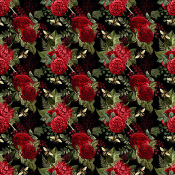 Panel złote pszczoły i róże na czarnym wo27