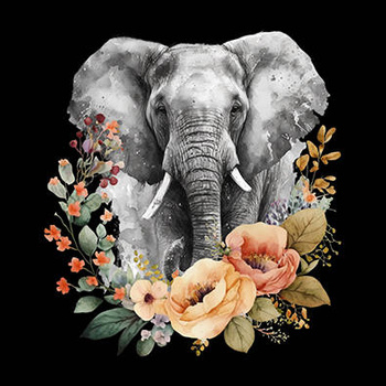 Panel czarno biały słoń i kwiaty wf25