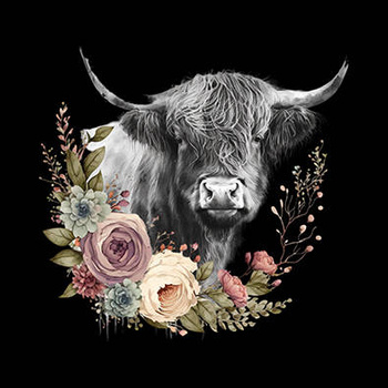 Panel czarno biały byk i kwiaty wf30