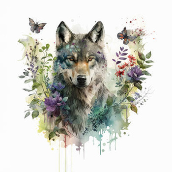 Panel wilk i kwiaty akwarela wf14