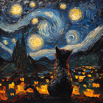 Panel czarny kot w gwieździstą noc (a la Vincent van Gogh) wk261