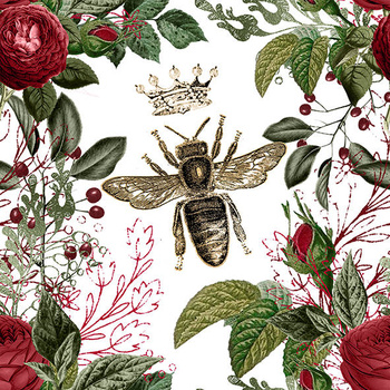 Panel królowa pszczół i róże na białym wo36