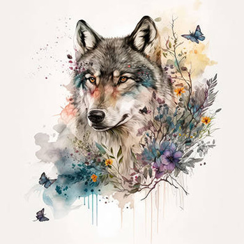 Panel wilk i kwiaty akwarela wf18