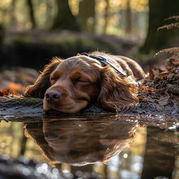 Panel pies cocker spaniel śpiący w lesie wd140