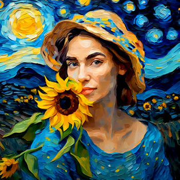 Panel kobieta ze słonecznikiem w gwiaździstą noc wl100